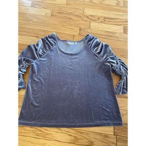 Susan Graver womens plus grey velvet scrunched 3/4 sleeve scoop neck top size 1x